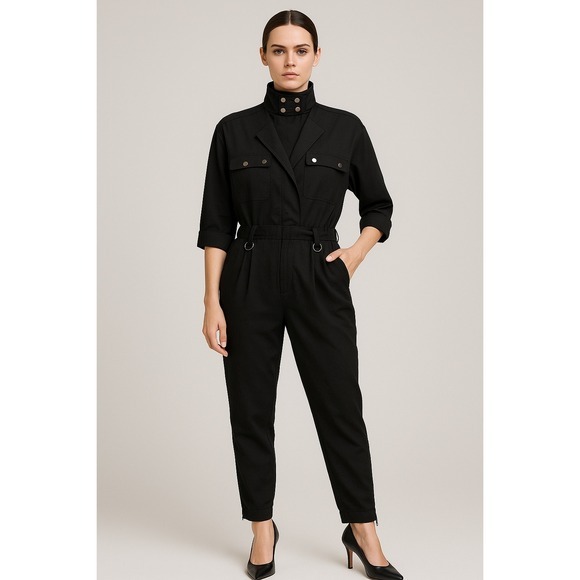 BEBE Black Satin Utility Jumpsuit Sz S Mock Neck Zip Tapered Leg Belted Y2K Goth - Picture 2 of 15